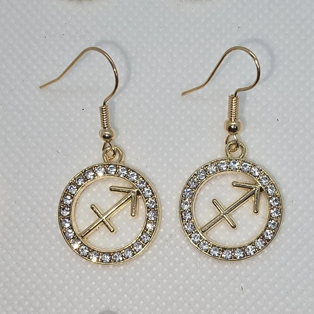 Zodiac Sign Hook Earrings! Hypo-Allergenic Handmade Gold Color with Cubic Zircon